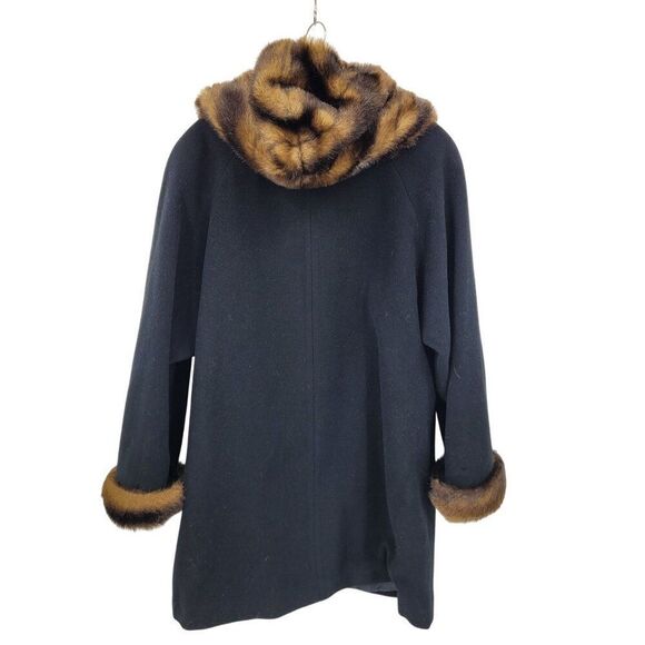 Vintage 80s Black Wool Coat 2X Faux Fur Hood Cuffs Button Front USA City Classic - Picture 2 of 11